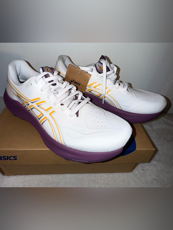 Asics Shoes - ASICS White Athletic Shoes with Purple Soles and Yellow Stripes